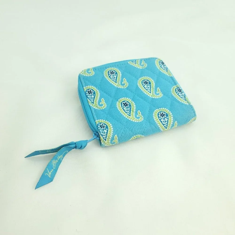 Vera Bradley Girls Blue Paisley Inner Pocket Snap Front Zip Around Bifold Wallet